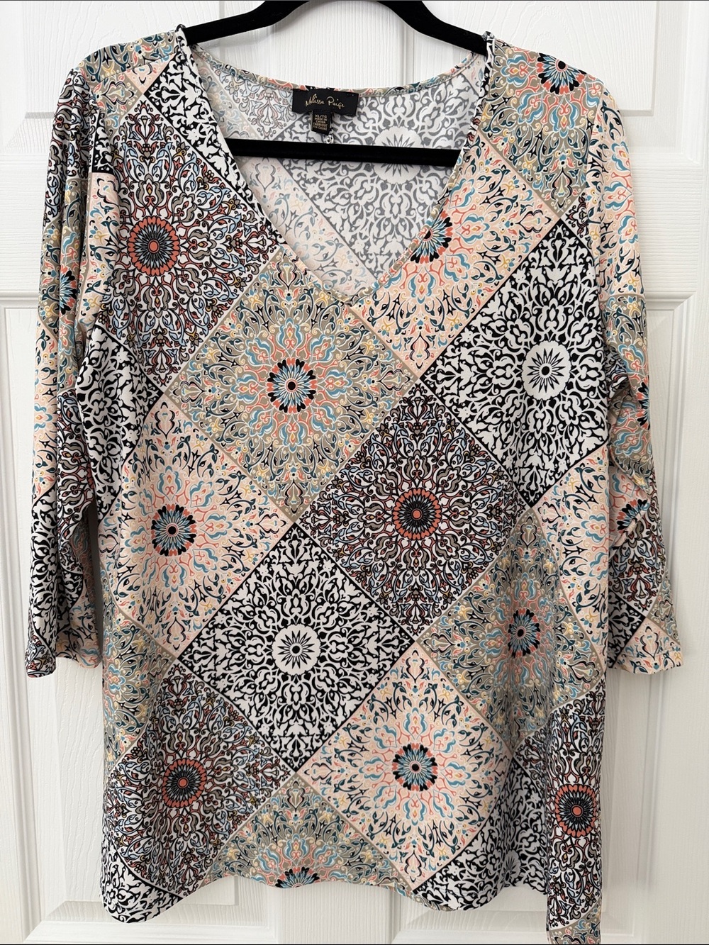 Melissa Paige Patchwork Medallion V-Neck Tunic - Cream, Black, Coral, Aqua